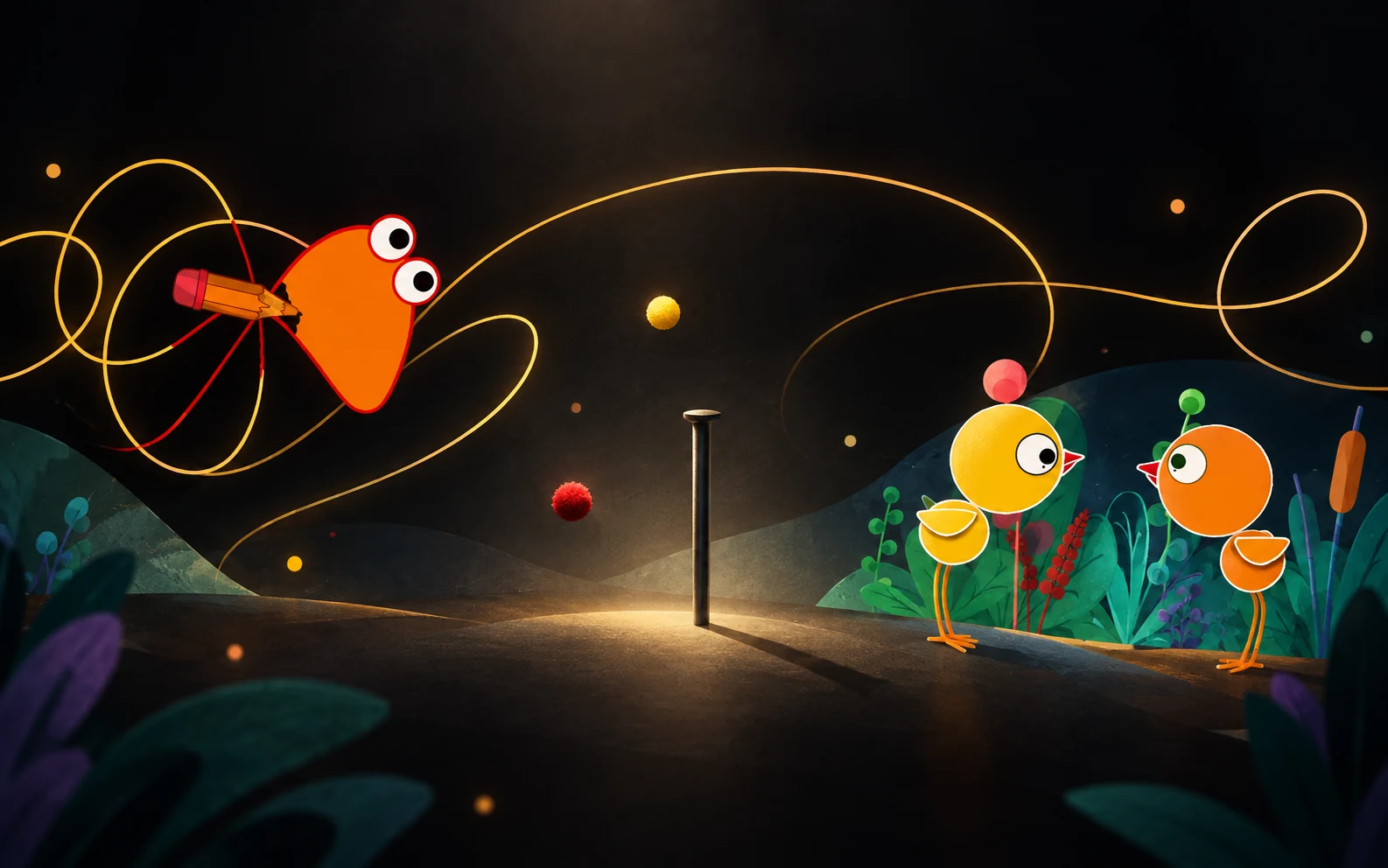 A cinematic portfolio composition uniting the distinct visual worlds of Scribblume, Point in Motion and Feathered Tales